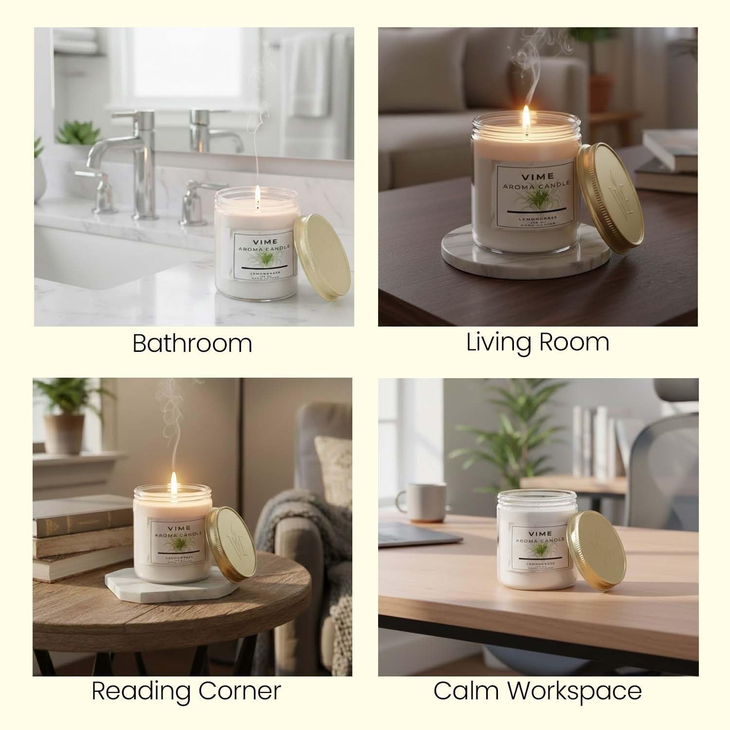 GoHooked ViMe white lemongrass scented aroma candle in a glass jar with a gold lid, 120 gm, 35 hr burn time.