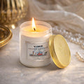 GoHooked ViMe London Night aroma candle in a glass jar with a gold lid. White wax candle burning.