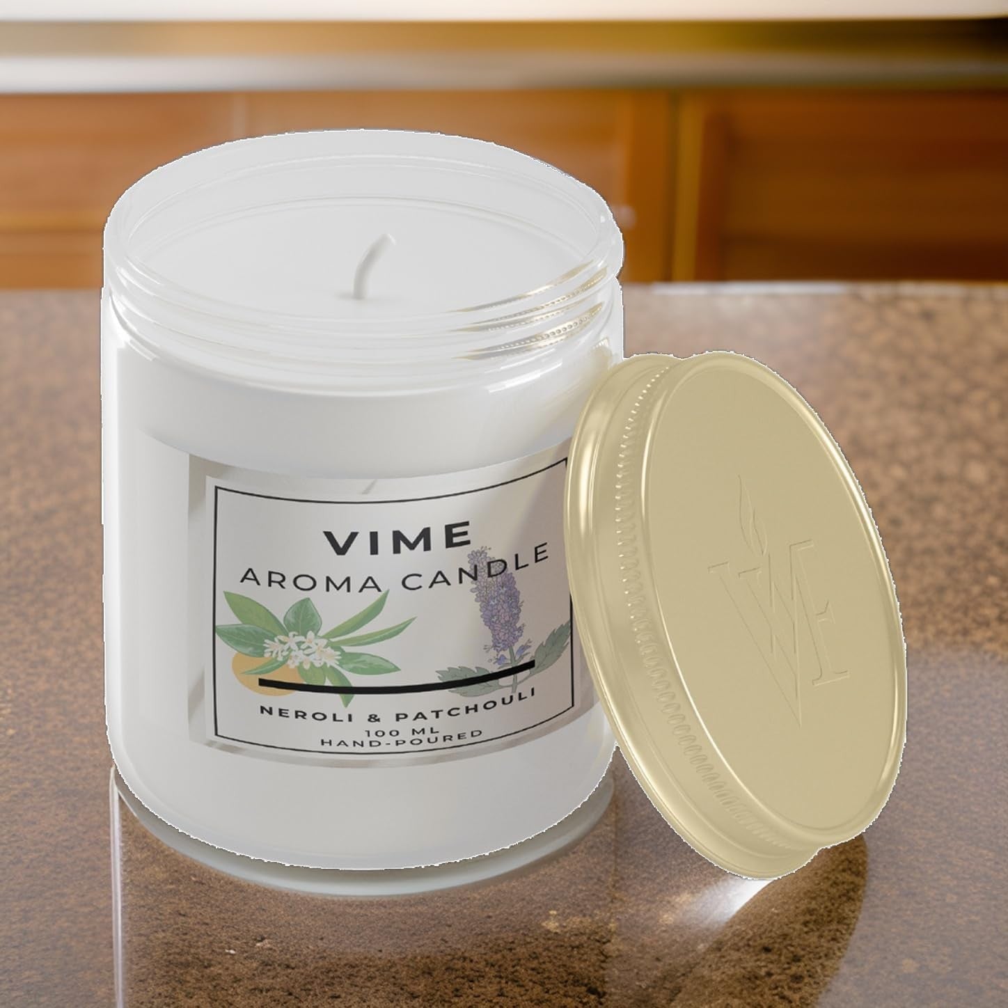 GoHooked ViMe Neroli & Patchouli aroma candle in a white glass jar with a gold lid. Hand-poured, 100ml.