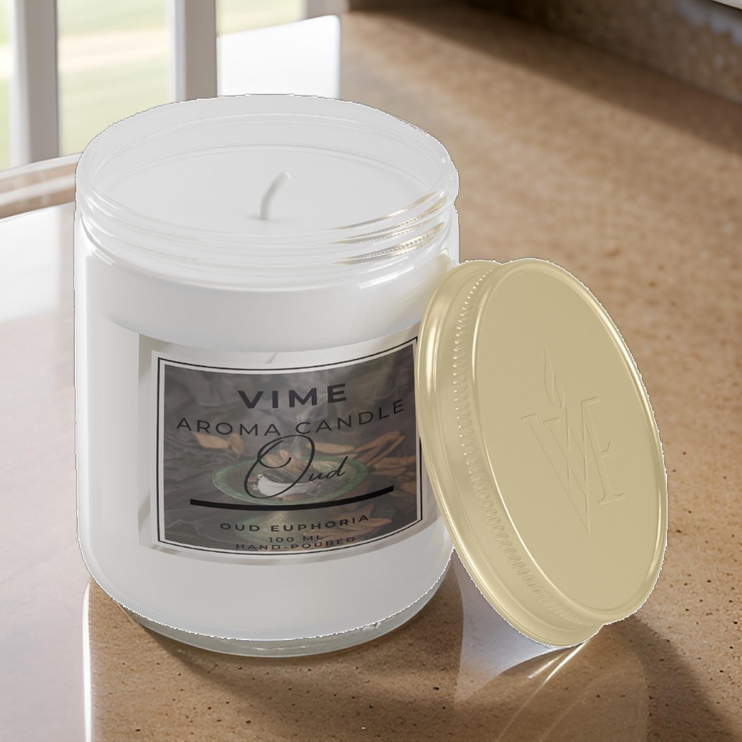 GoHooked ViMe Oud Euphoria aroma candle in a white glass jar with a gold lid. 100 ml, hand-poured.