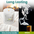 GoHooked ViMe white glass jar candle with vanilla mousse fragrance, lit flame, 120 gm, 35 hr burn time.