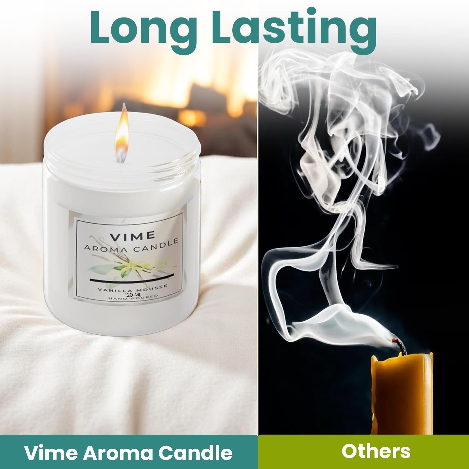 GoHooked ViMe white glass jar candle with vanilla mousse fragrance, lit flame, 120 gm, 35 hr burn time.