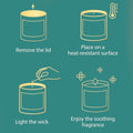 GoHooked ViMe Bamboo & White Tea scented candle instructions: remove lid, place on heat-resistant surface, light wick, enjoy fragrance.