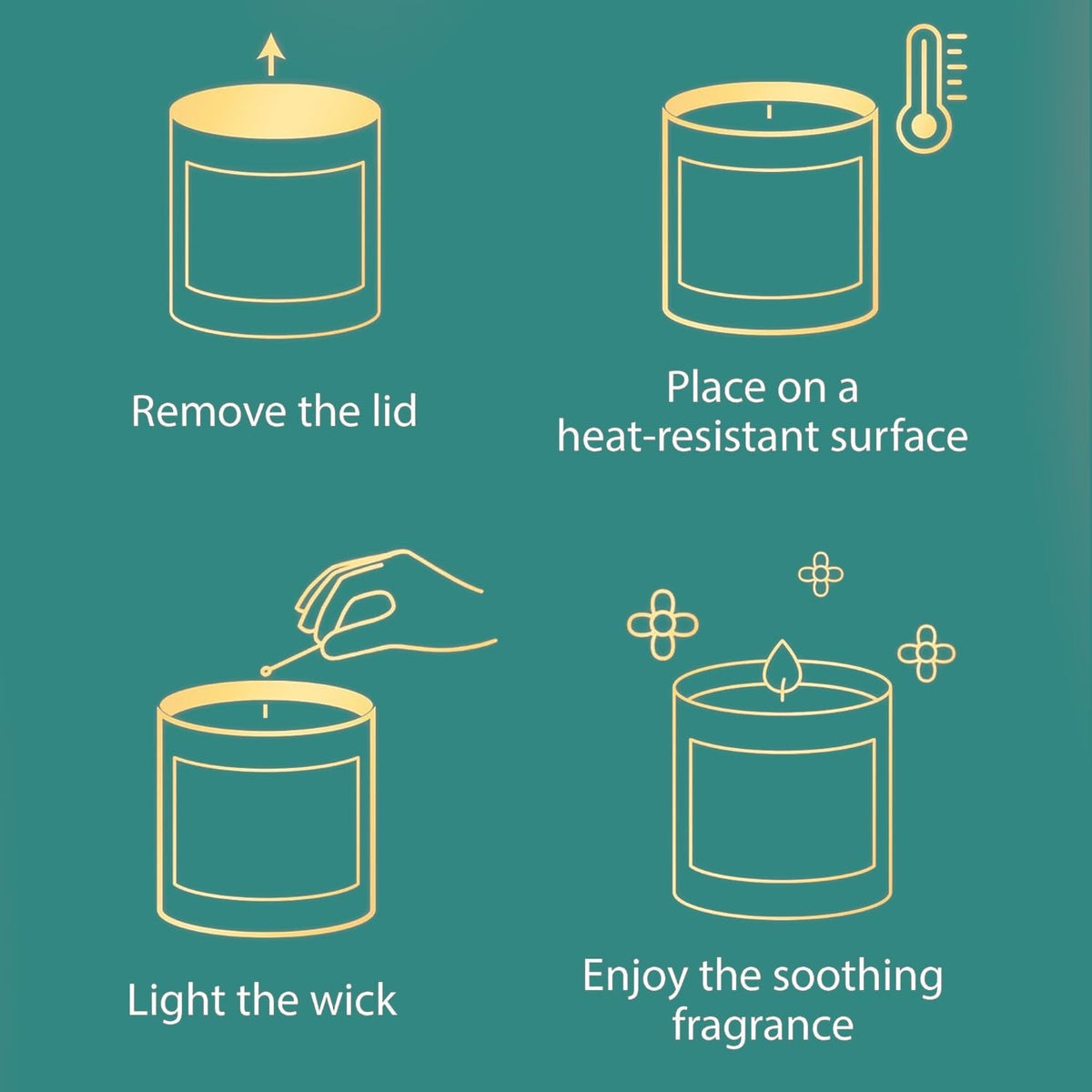 GoHooked ViMe Bamboo & White Tea scented candle instructions: remove lid, place on heat-resistant surface, light wick, enjoy fragrance.