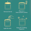 ViMe Bamboo & White Tea scented candle in a white jar, showing instructions for use: remove lid, place on heat-resistant surface, light wick, enjoy fragrance.