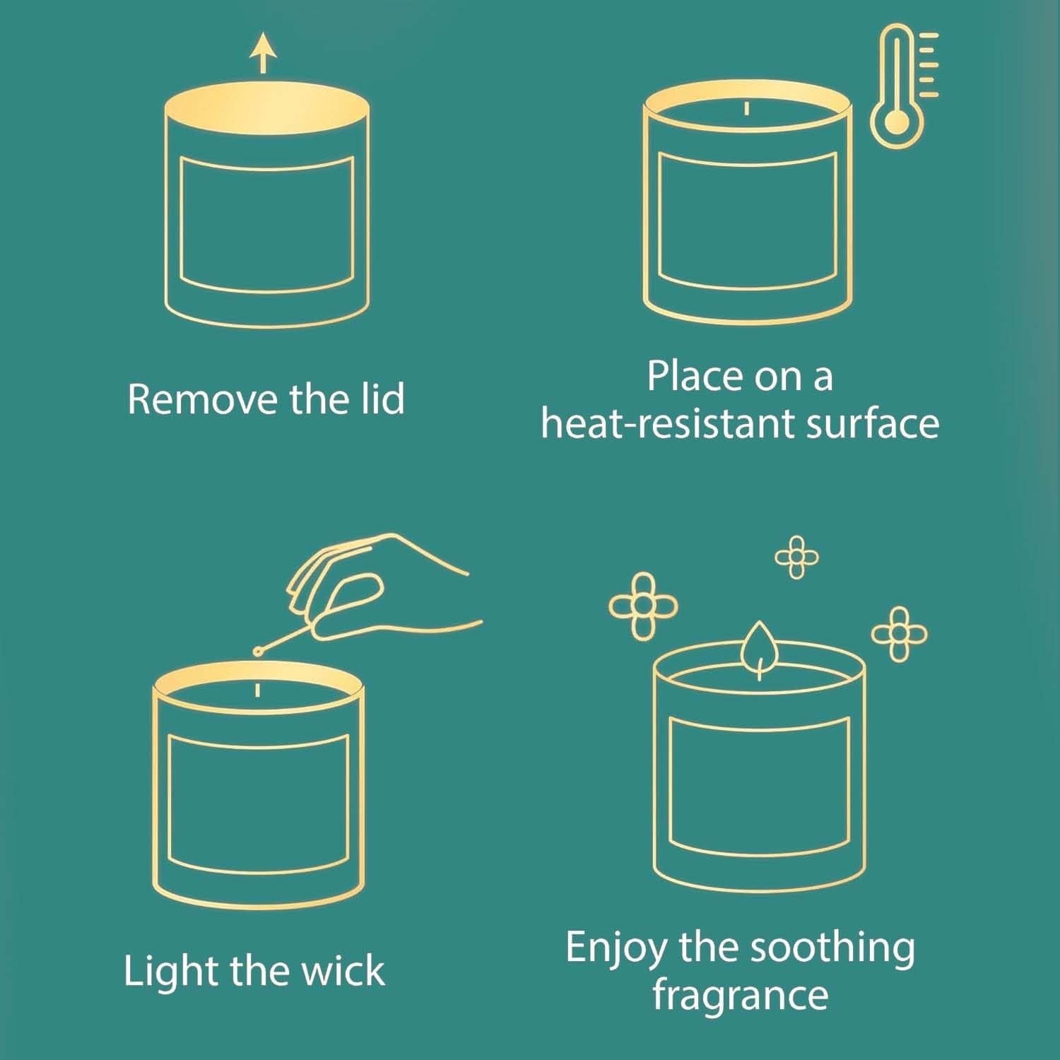ViMe Bamboo & White Tea scented candle in a white jar, showing instructions for use: remove lid, place on heat-resistant surface, light wick, enjoy fragrance.
