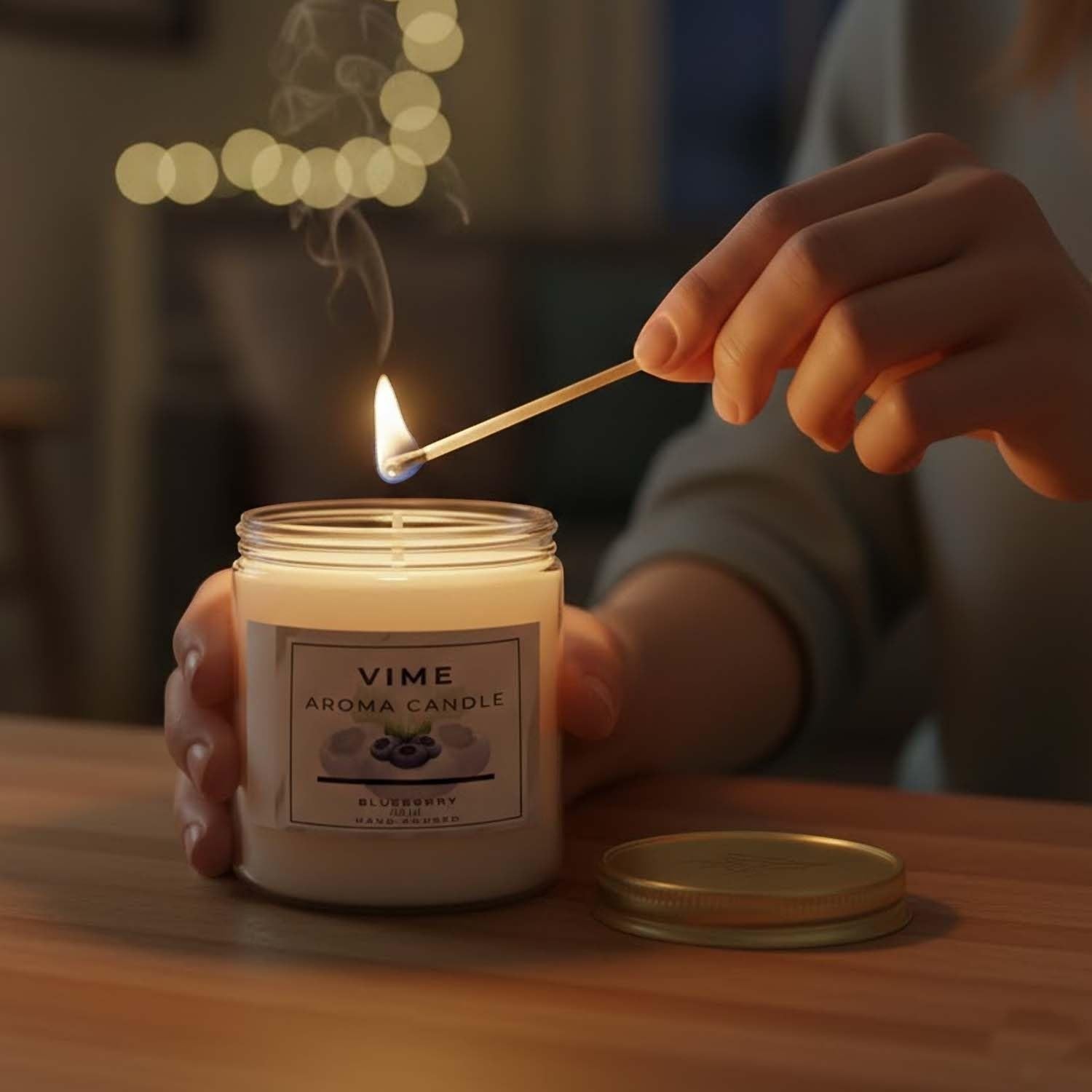 ViMe Blueberry scented aroma candle in a glass jar, lit with a match. Perfect for home decor and relaxation.