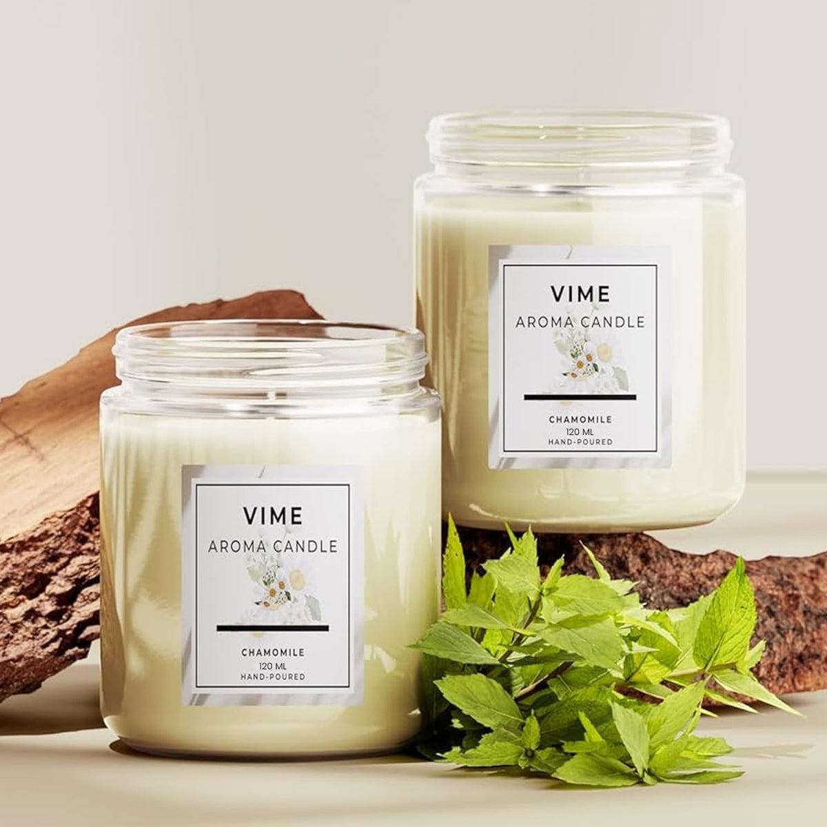 GoHooked ViMe white chamomile aroma candle in glass jar, 120 ml, hand-poured for home decor and aromatherapy.