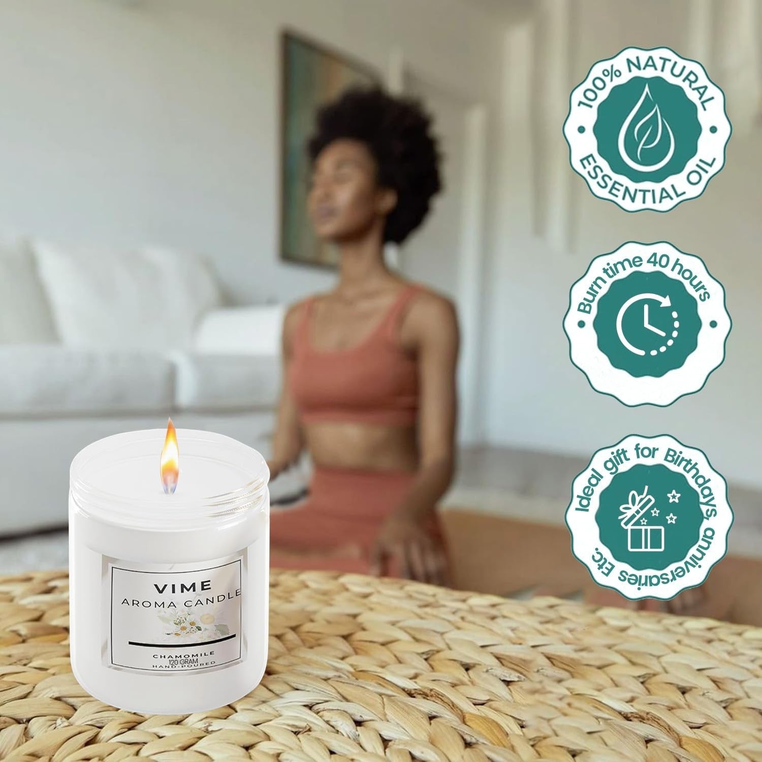 GoHooked ViMe white chamomile aroma candle in a jar, 120 gm, 35-hour burn time, ideal for aromatherapy and home decor.