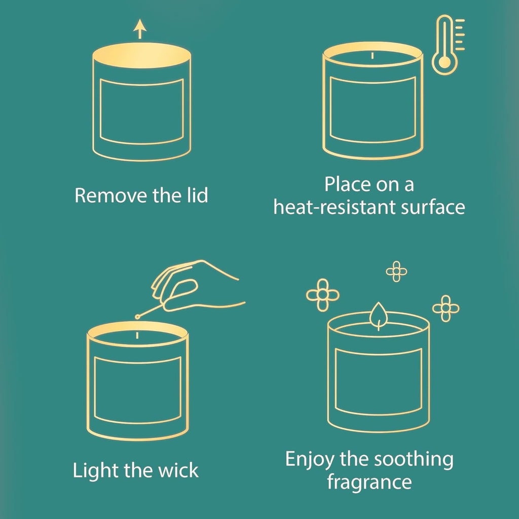 GoHooked ViMe Chamomile scented candle instructions: remove lid, place on heat-resistant surface, light wick, enjoy fragrance.