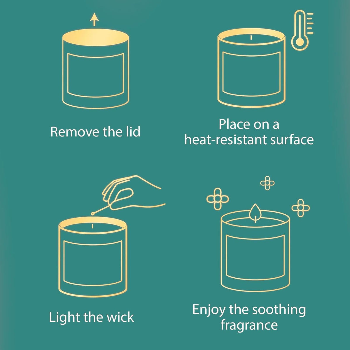 GoHooked ViMe Chamomile scented candle instructions: remove lid, place on heat-resistant surface, light wick, enjoy fragrance.