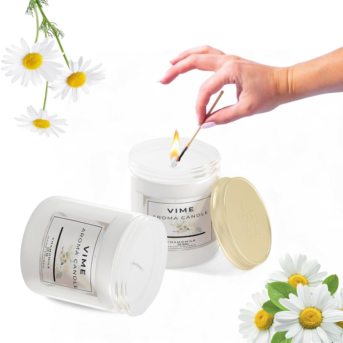 GoHooked VIME white chamomile scented aroma candle in a glass jar, lit with a match. 120 gm.