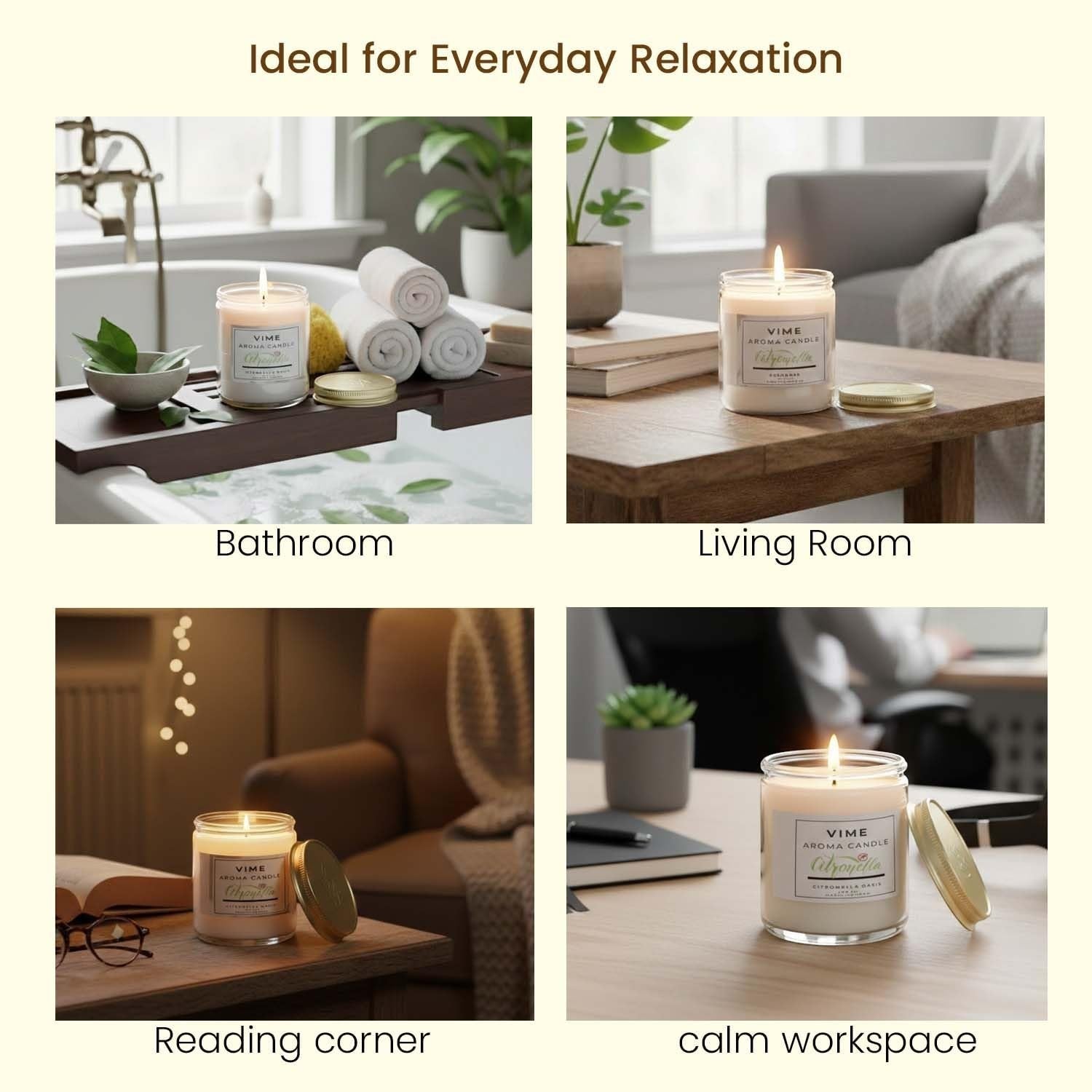 GoHooked ViMe Citronella Oasis scented candle in a clear glass jar with a gold lid. White wax, 120 gm.