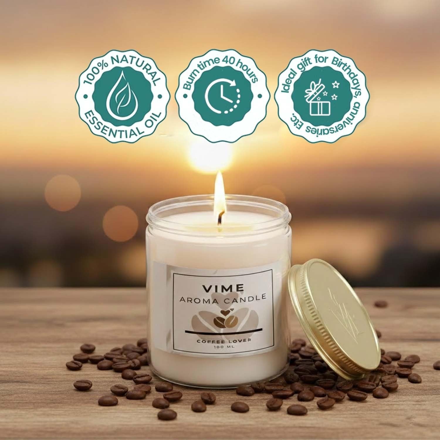 GoHooked ViMe white glass jar candle with coffee lover scent, 100ml, 40-hour burn time, natural essential oil.