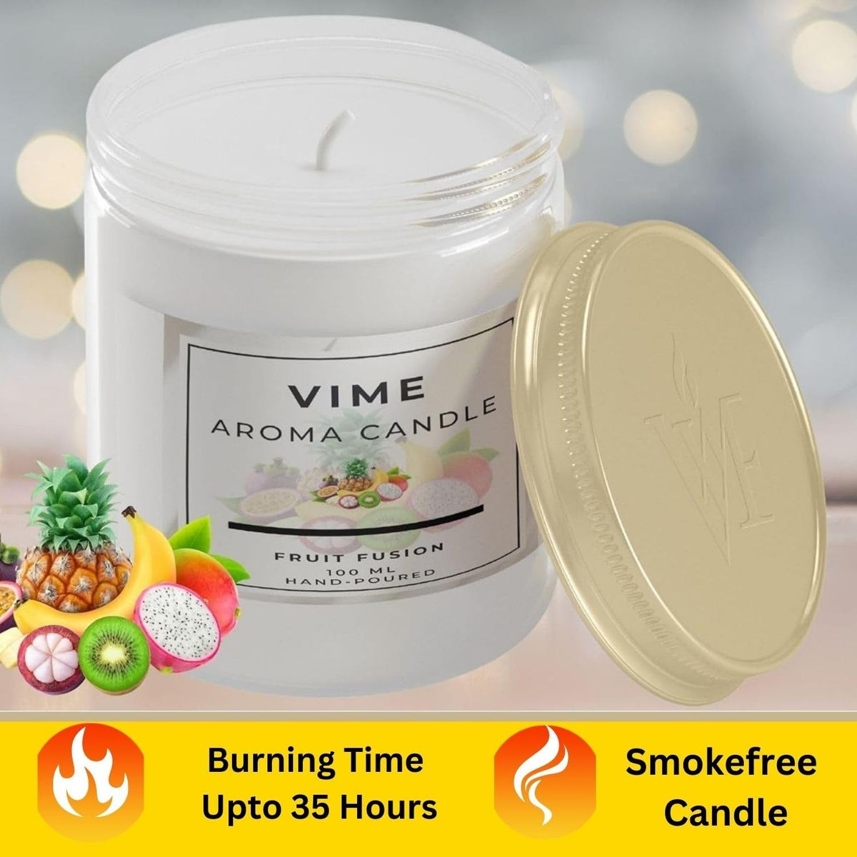 GoHooked ViMe Fruit Fusion aroma candle in a white jar with a gold lid, 100ml, hand-poured, 35-hour burn time.
