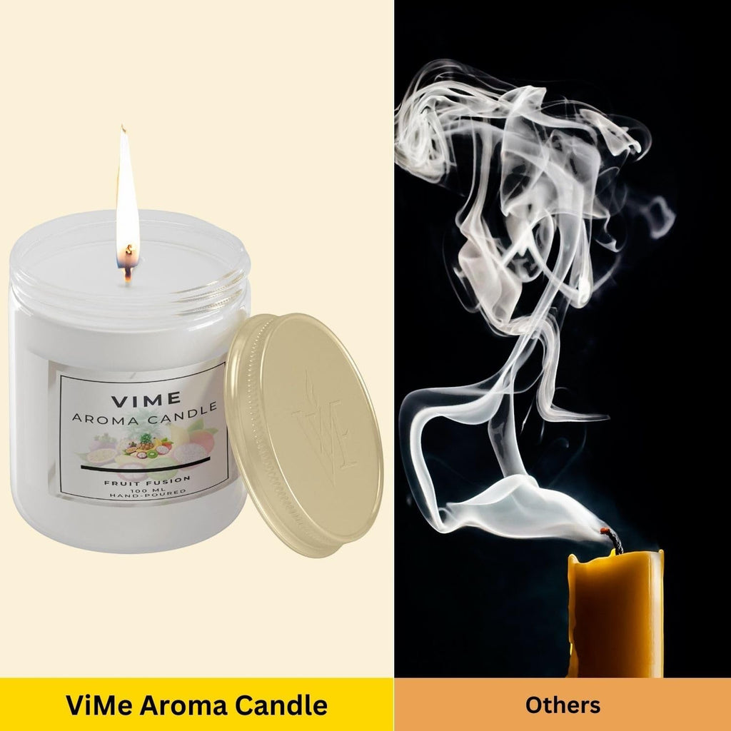 GoHooked ViMe Fruit Fusion aroma candle in a white jar with a gold lid, 120 gm, 35 hr burn time, aromatherapy benefits.