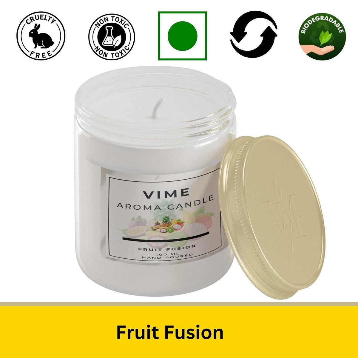 GoHooked ViMe Fruit Fusion aroma candle in a white jar with a gold lid. Hand-poured, 100ml, 35-hour burn time.