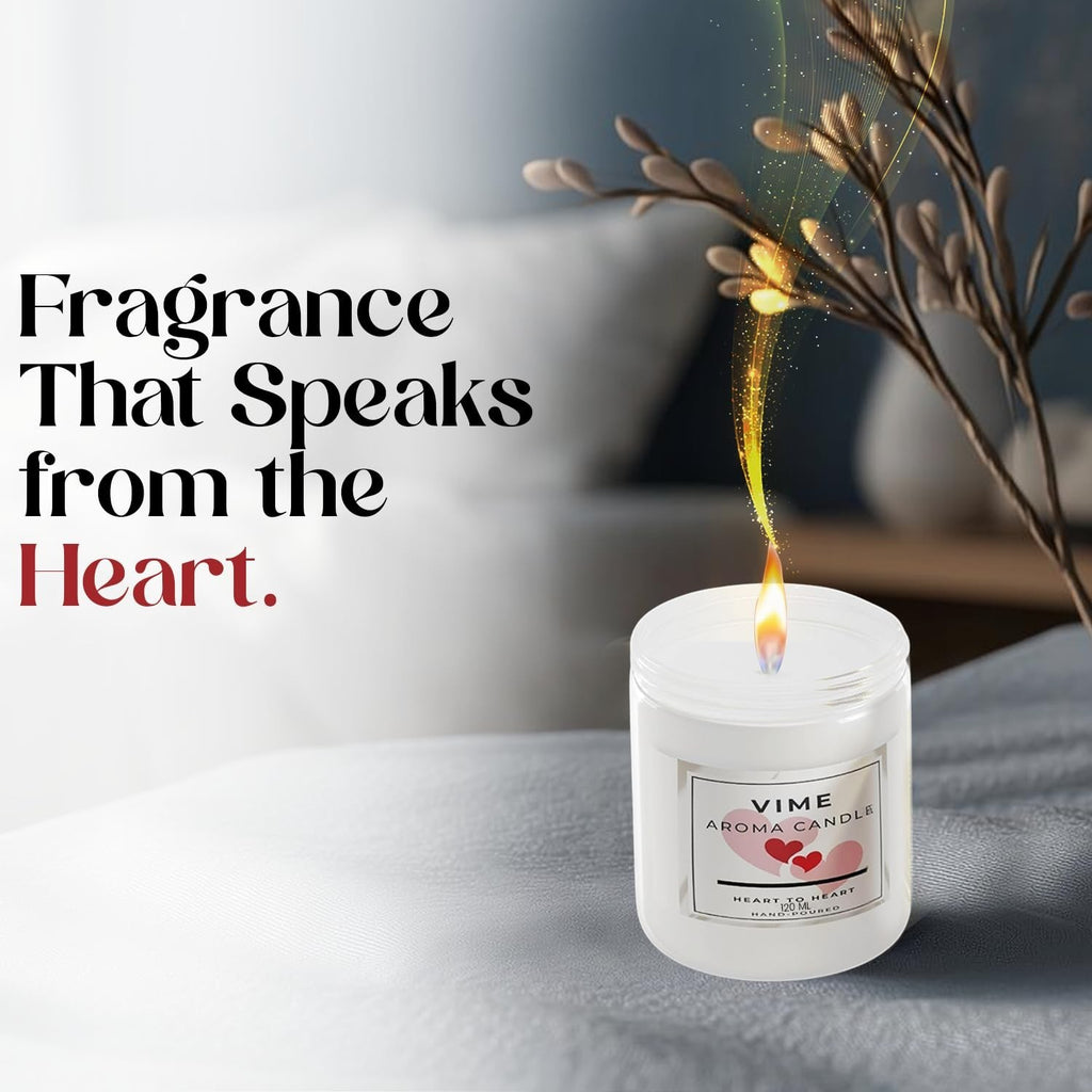 GoHooked ViMe Heart to Heart aroma candle in white jar, 120 gm, with aromatherapy benefits and 35-hour burn time.