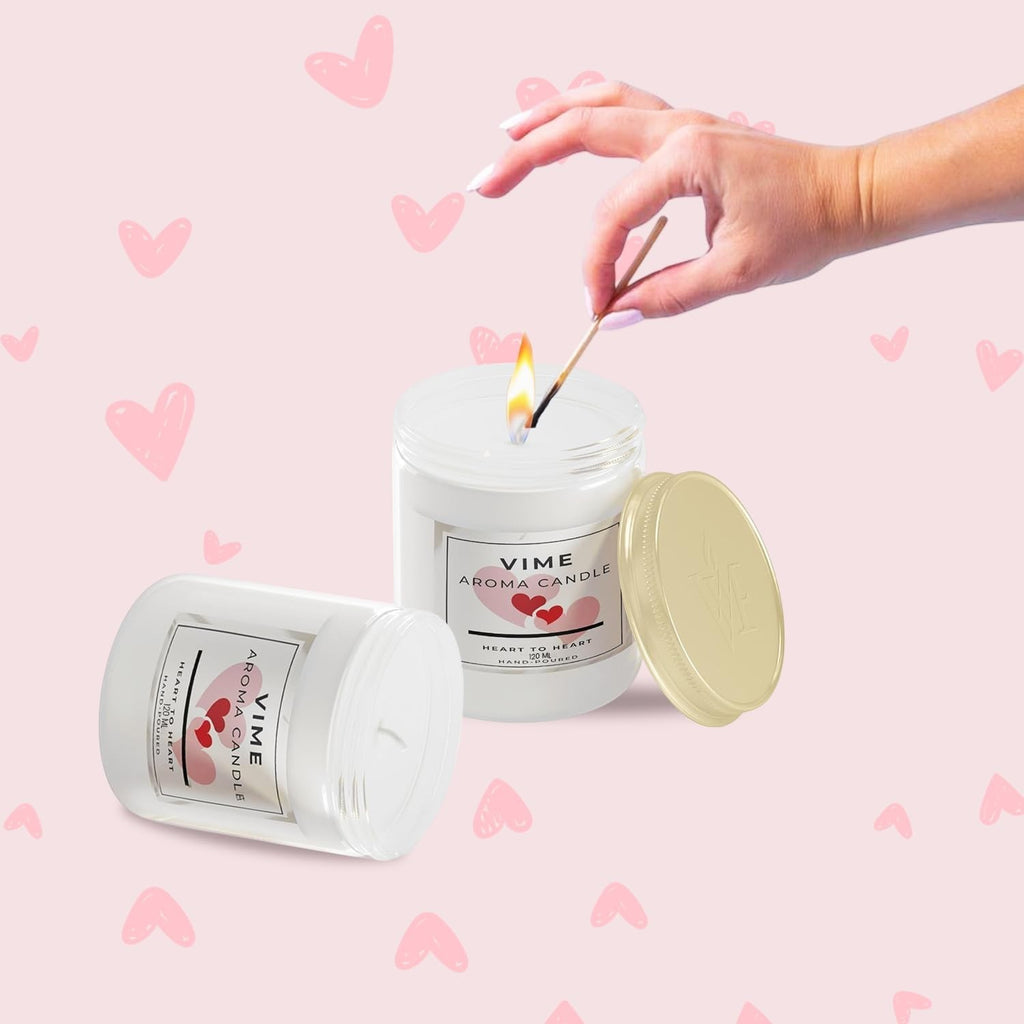 GoHooked ViMe Heart to Heart aroma candle, white wax in a clear jar with a gold lid. Hand-poured, 120 gm, 35 hr burn time.