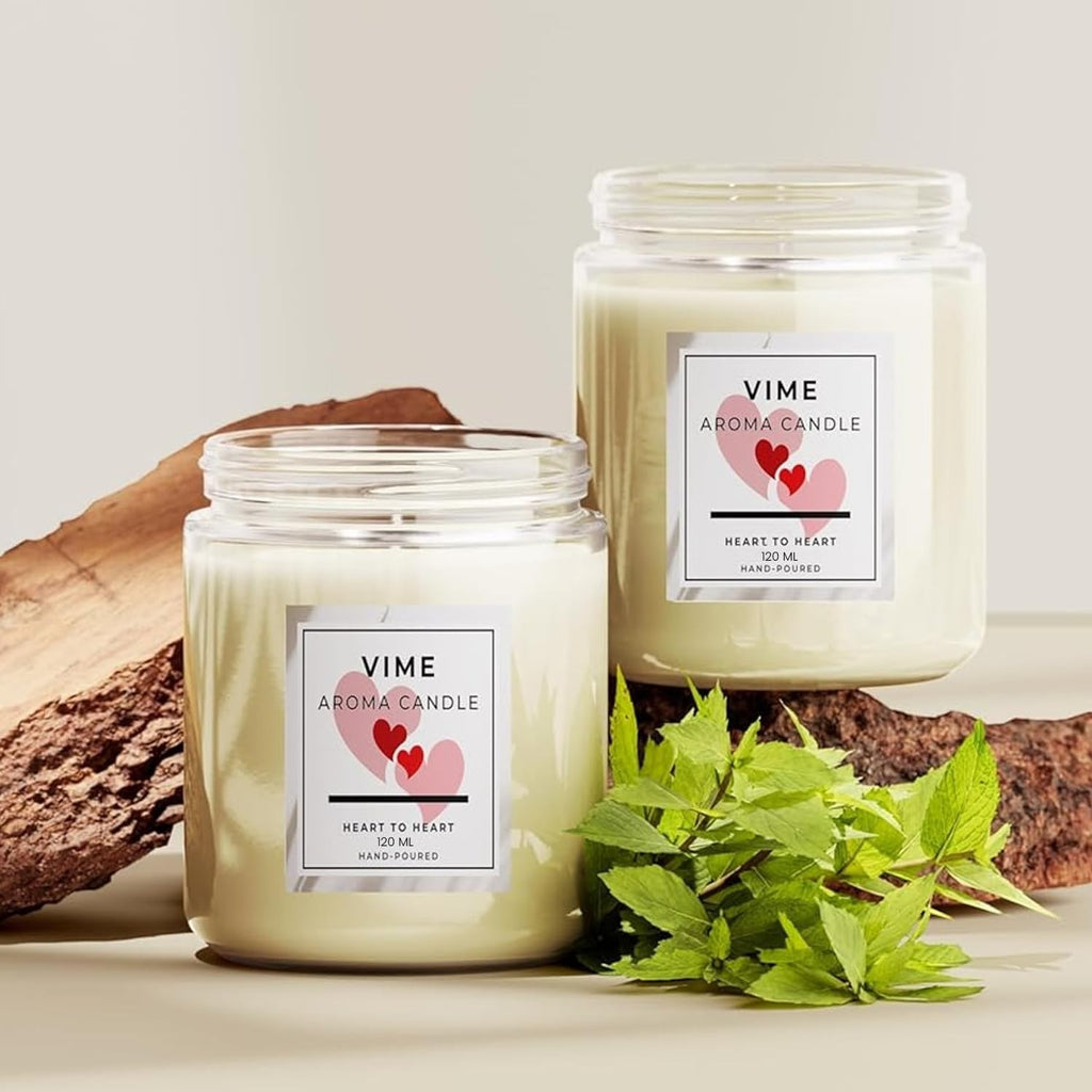 GoHooked ViMe Heart to Heart aroma candle in white wax, 120 ml, with a 35-hour burn time. Features aromatherapy benefits.