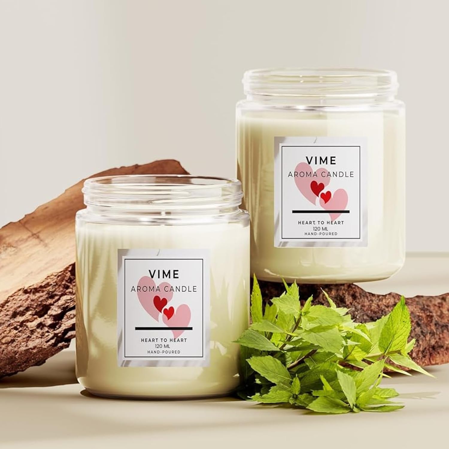 GoHooked ViMe Heart to Heart aroma candle in white wax, 120 ml, with a 35-hour burn time. Features aromatherapy benefits.