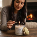 GoHooked ViMe white glass jar candle with Kashmiri Snow scent, lit by a match. Cozy home decor.