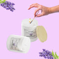 GoHooked ViMe white lavender aroma candle, 120 gm, with a lid and lit wick. Aromatherapy benefits.