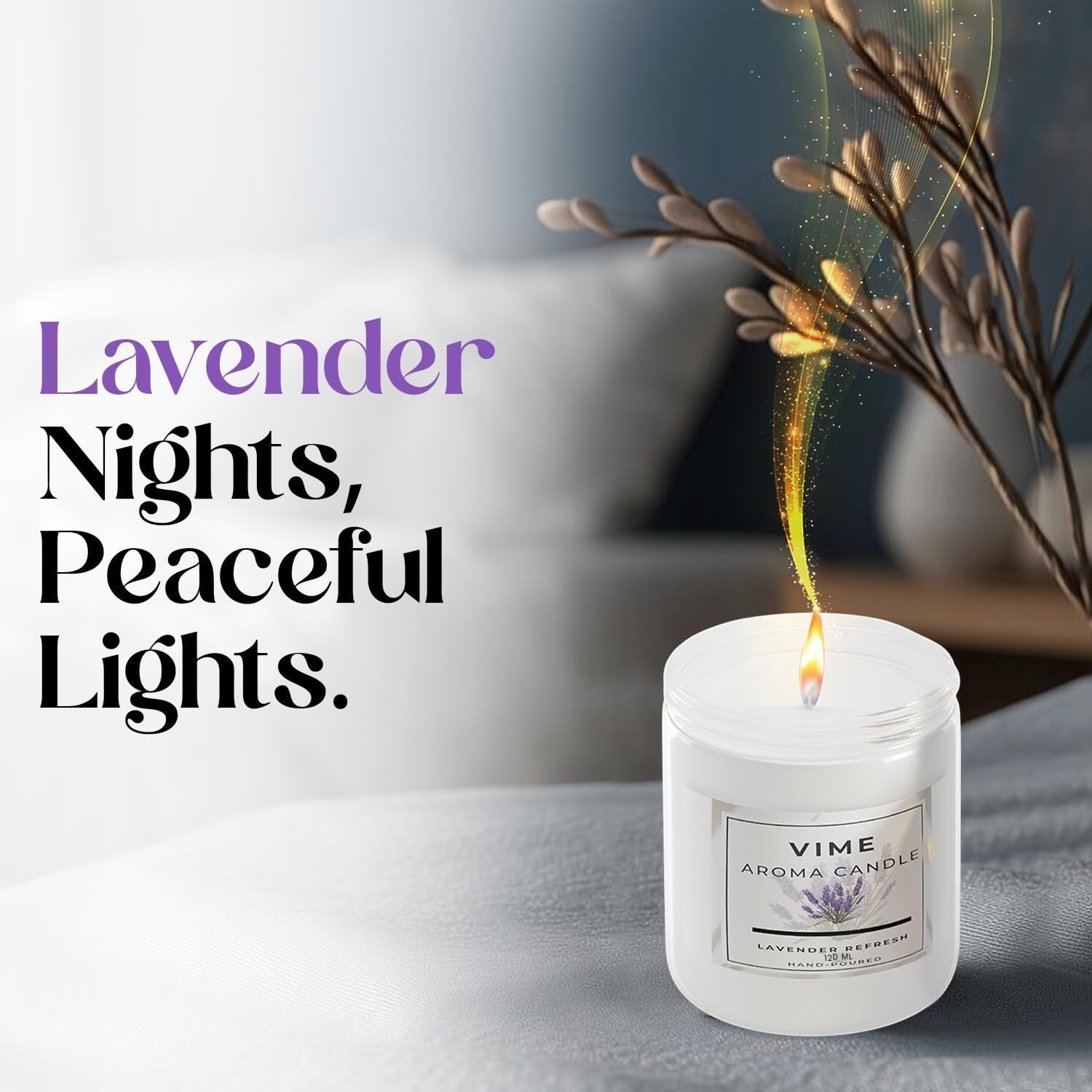 GoHooked ViMe white lavender refresh aroma candle in a glass jar, 120 gm, 35-hour burn time.