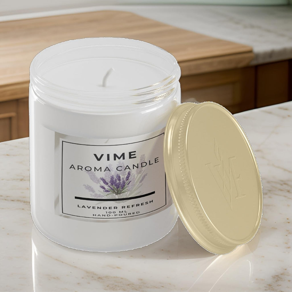 GoHooked ViMe Lavender Refresh aroma candle in a white jar with a gold lid, 100 ml, hand-poured for home decor and aromatherapy.