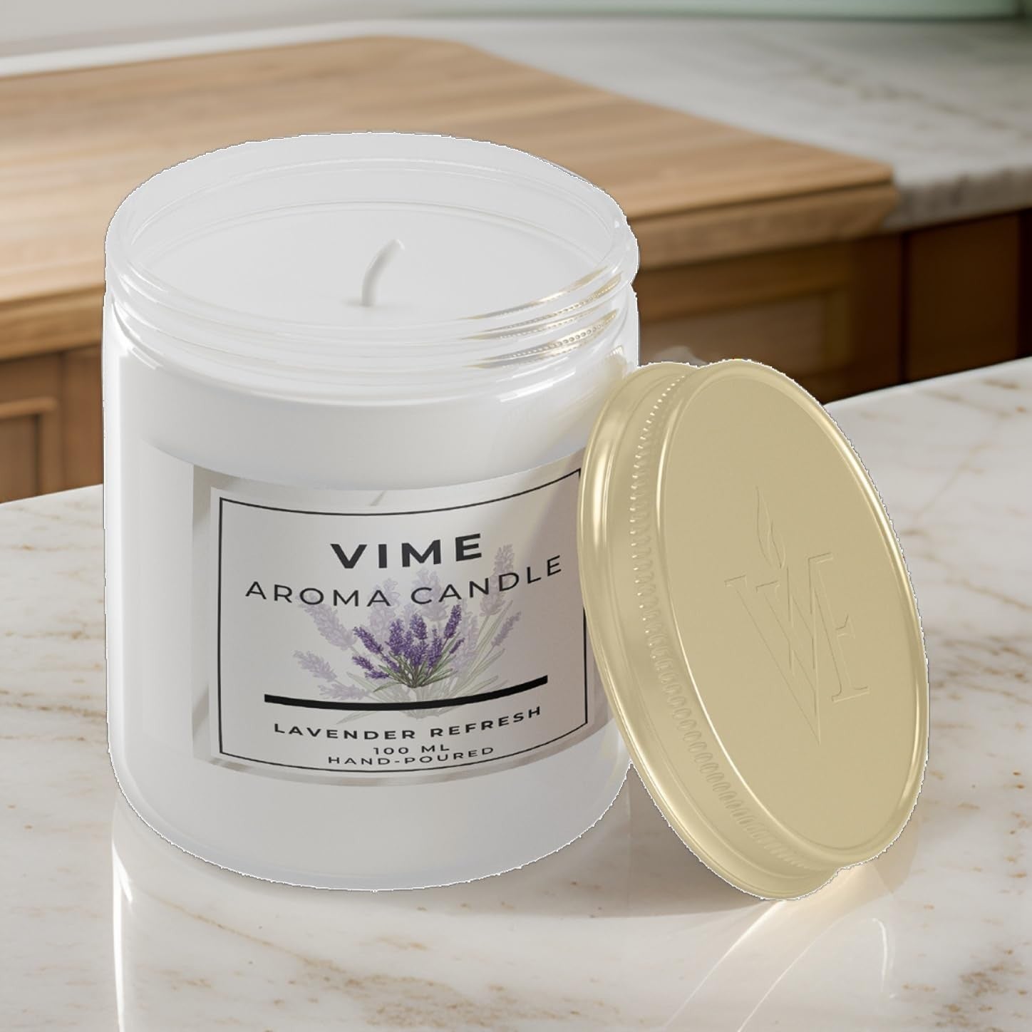 GoHooked ViMe Lavender Refresh aroma candle in a white jar with a gold lid, 100 ml, hand-poured for home decor and aromatherapy.