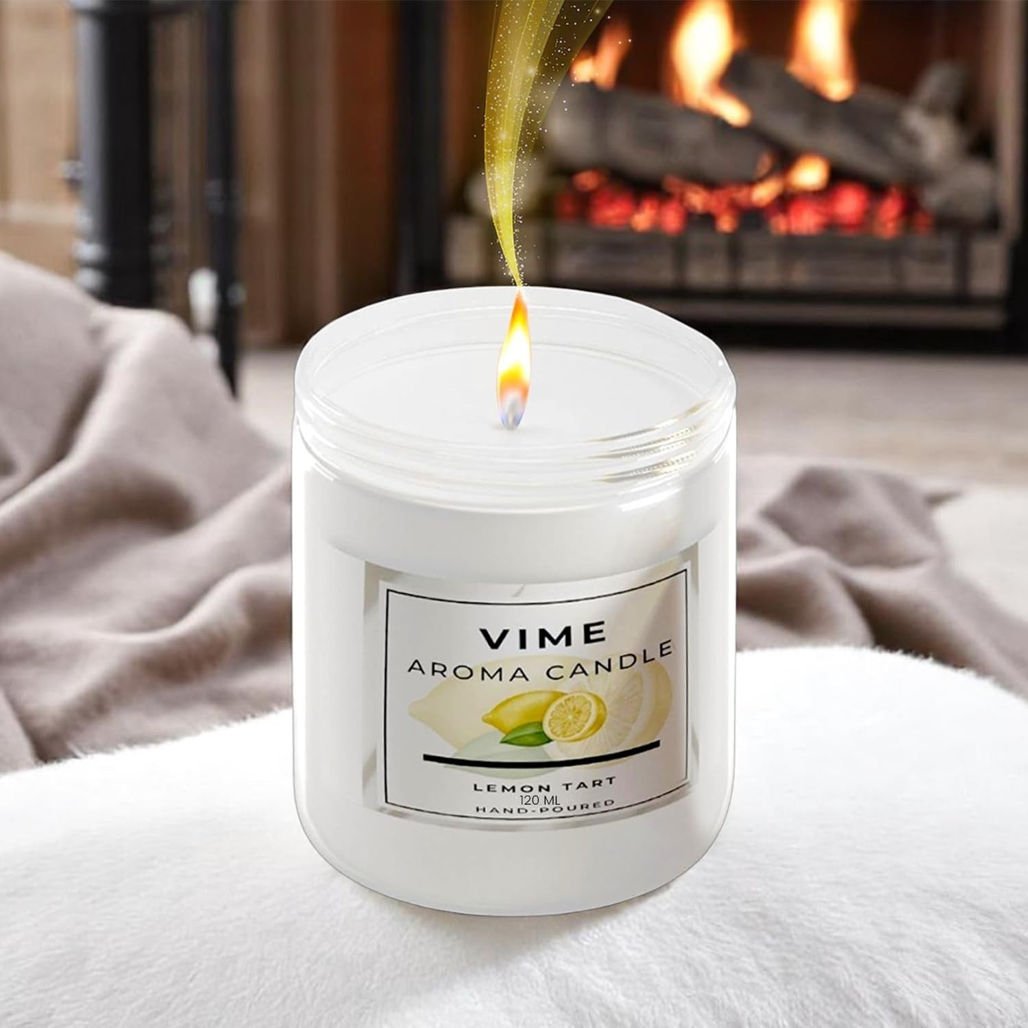 GoHooked ViMe Lemon Tart scented candle in a white jar, burning with a warm flame, set by a fireplace.