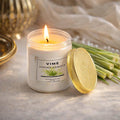 GoHooked ViMe Lemongrass Aroma Candle in a white jar with a gold lid, lit flame, 120 ml, hand-poured.