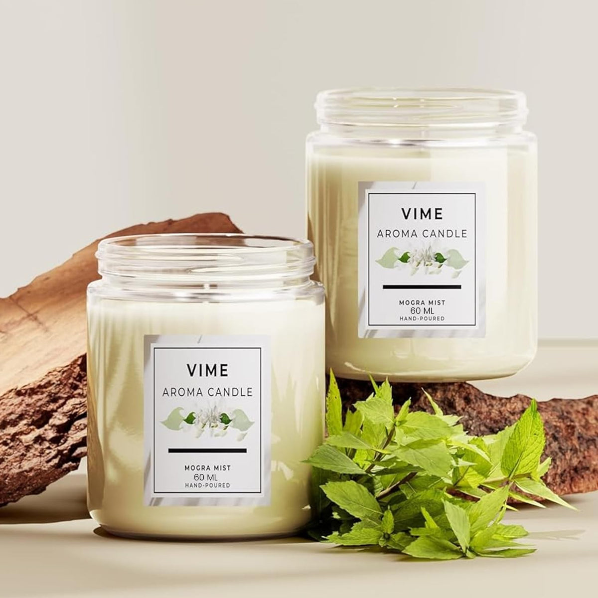 GoHooked ViMe white aroma candle in glass jar with Mogra Mist fragrance, 60 ml, hand-poured for home decor.