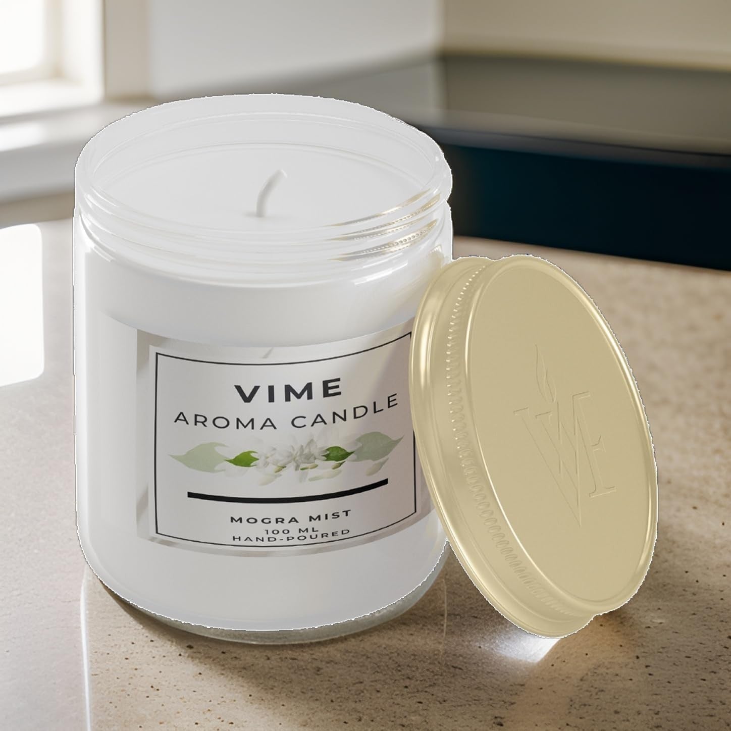 GoHooked ViMe Mogra Mist aroma candle in a white glass jar with a gold lid. 100ml, hand-poured.