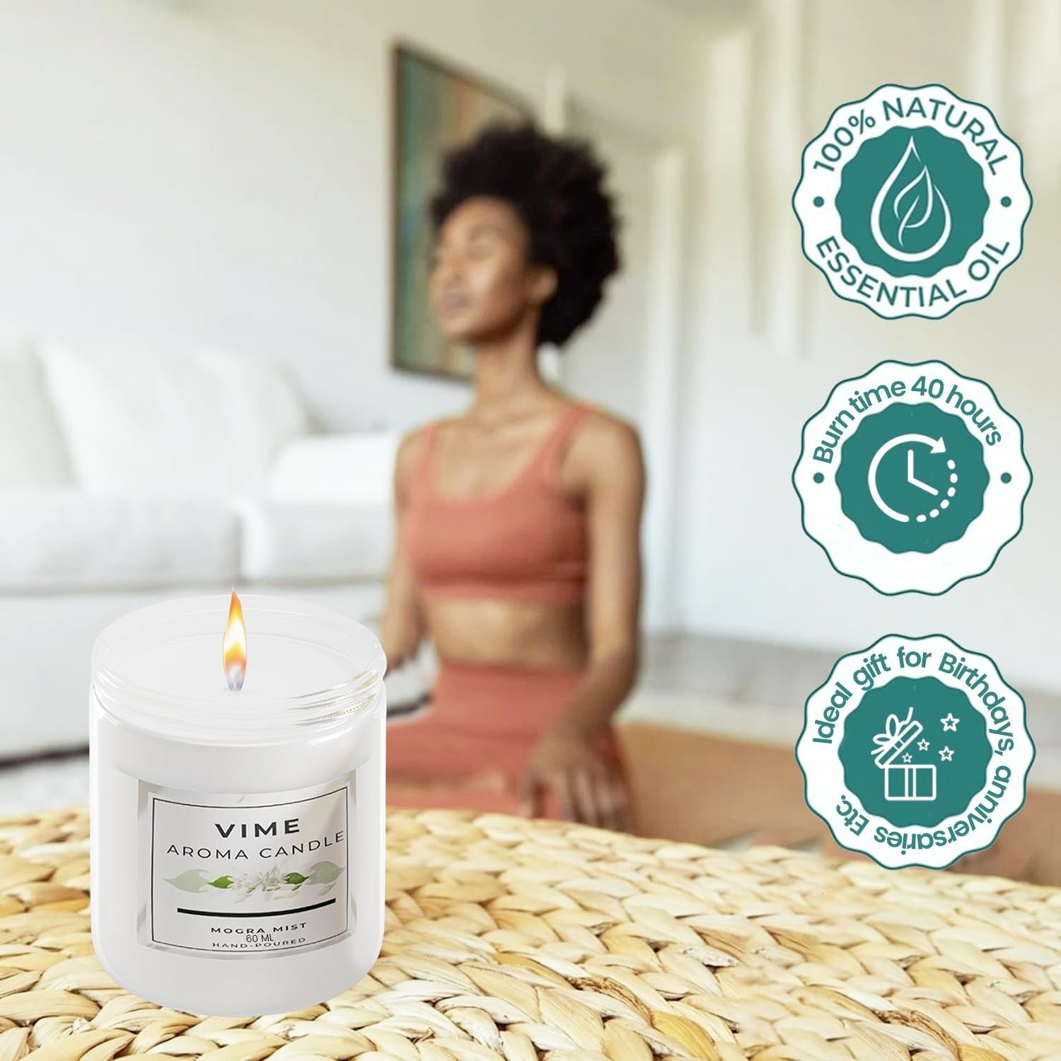 GoHooked ViMe Mogra Mist aroma candle in a white jar, burning with a gentle flame, promoting relaxation and ambiance.