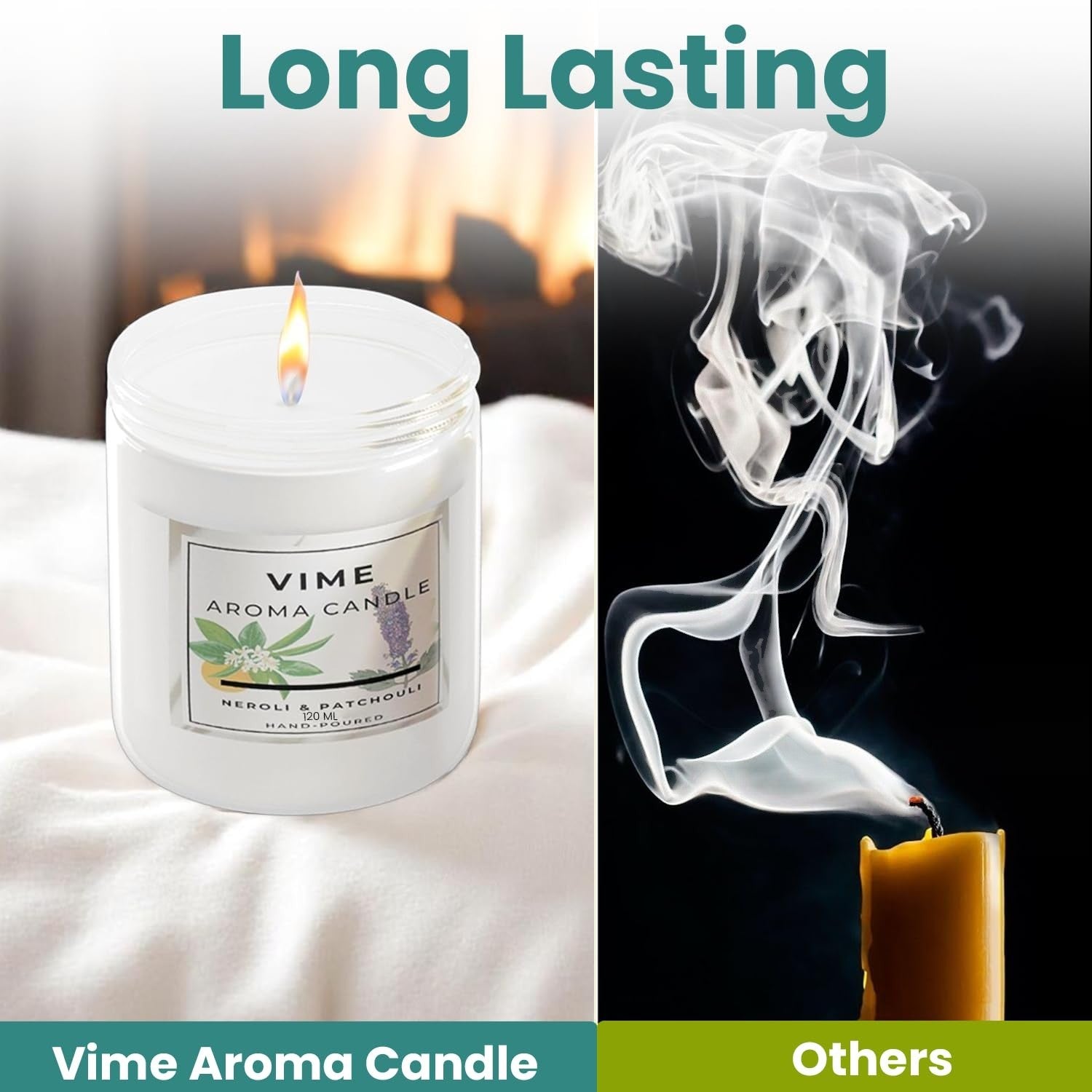 GoHooked white ViMe Neroli & Patchouli scented aroma candle in glass jar, 120ml, 35-hour burn time.