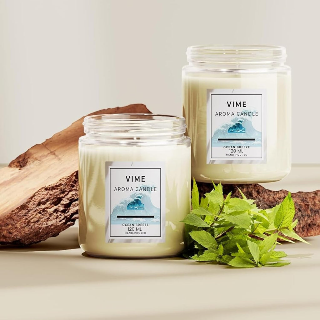 GoHooked ViMe Ocean Breeze scented candle in a white wax jar, 120 ml, hand-poured for aromatherapy.