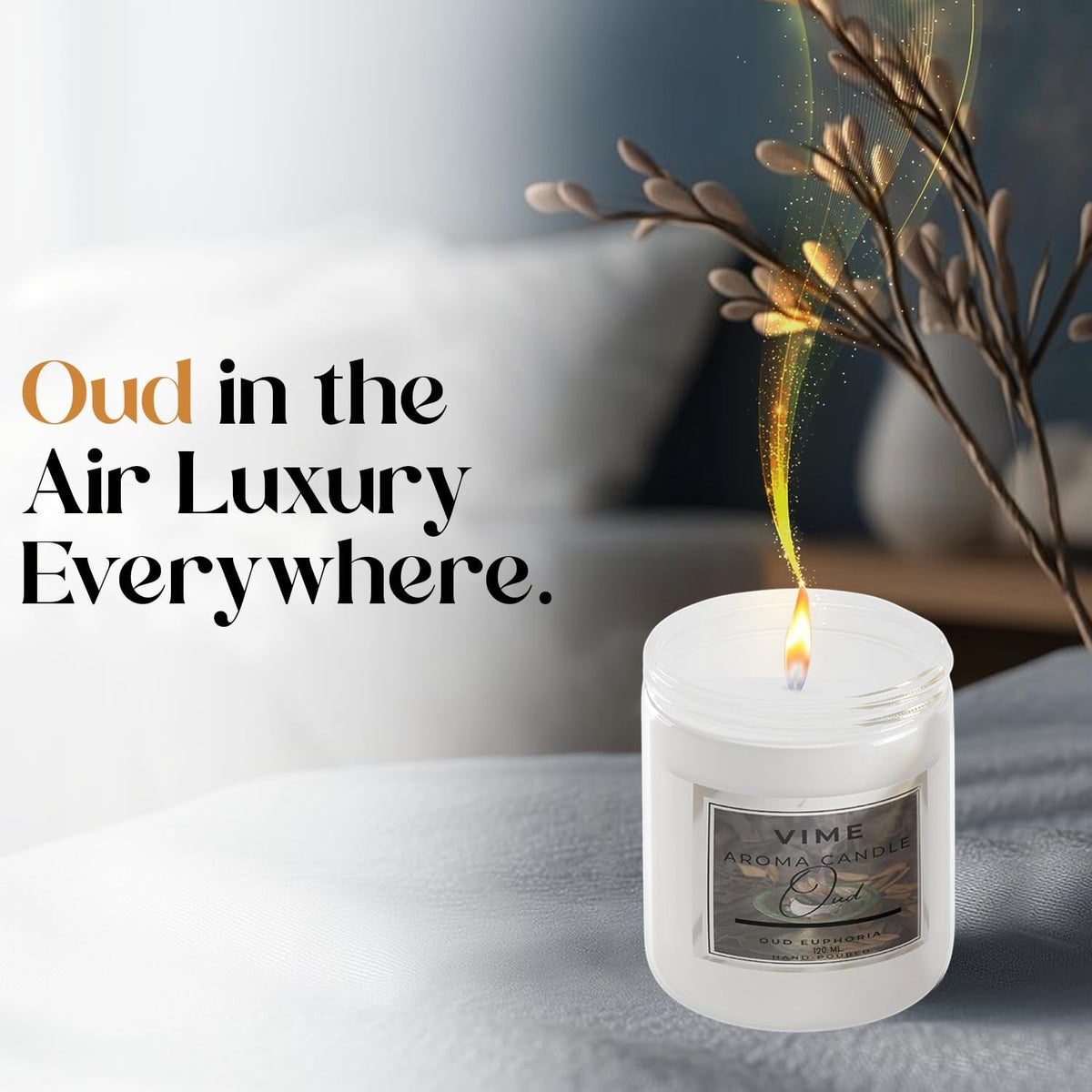 GoHooked ViMe Oud Euphoria scented candle in white jar, 120 gm, 35-hour burn time, aromatherapy for relaxation.