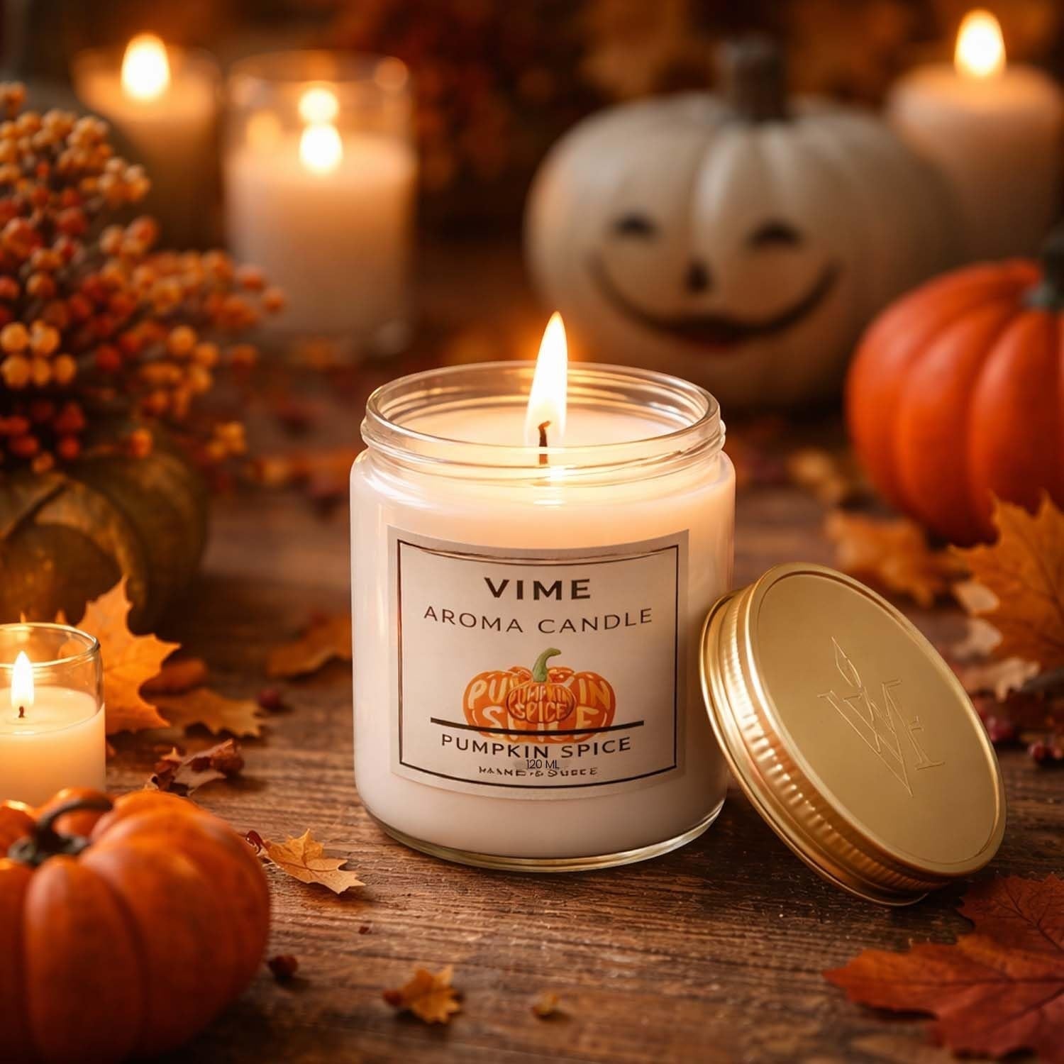 GoHooked VIME Pumpkin Spice scented candle in a glass jar with a gold lid, perfect for home decor and aromatherapy.