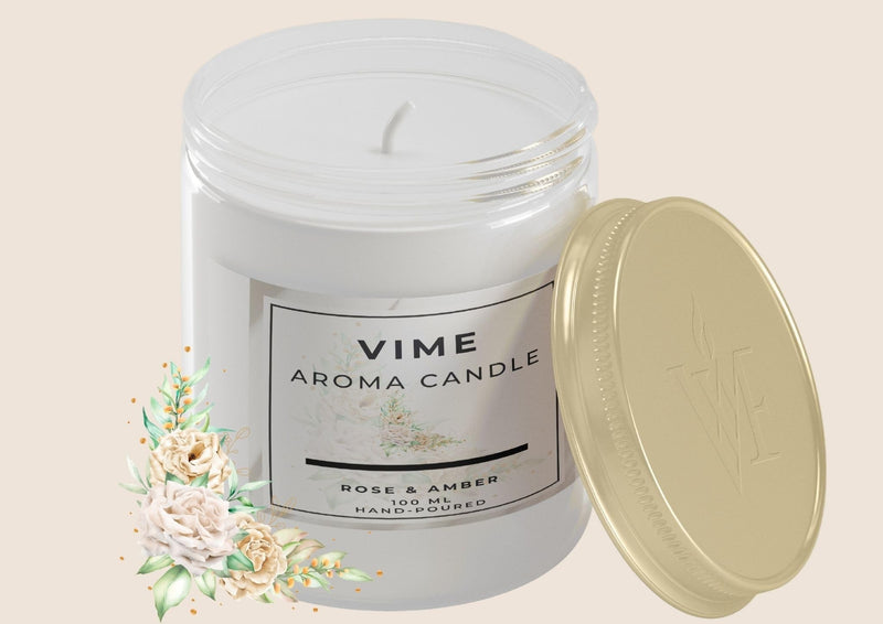 GoHooked ViMe Rose & Amber scented aroma candle in a white glass jar with a gold lid, 100ml, hand-poured.
