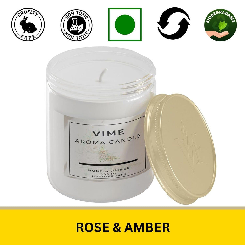 GoHooked ViMe Rose & Amber scented aroma candle in a white jar with a gold lid. Hand-poured, 120 gm, 35 hr burn time.