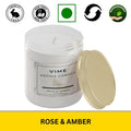 GoHooked ViMe Rose & Amber scented aroma candle in a white jar with a gold lid. Hand-poured, 120 gm, 35 hr burn time.