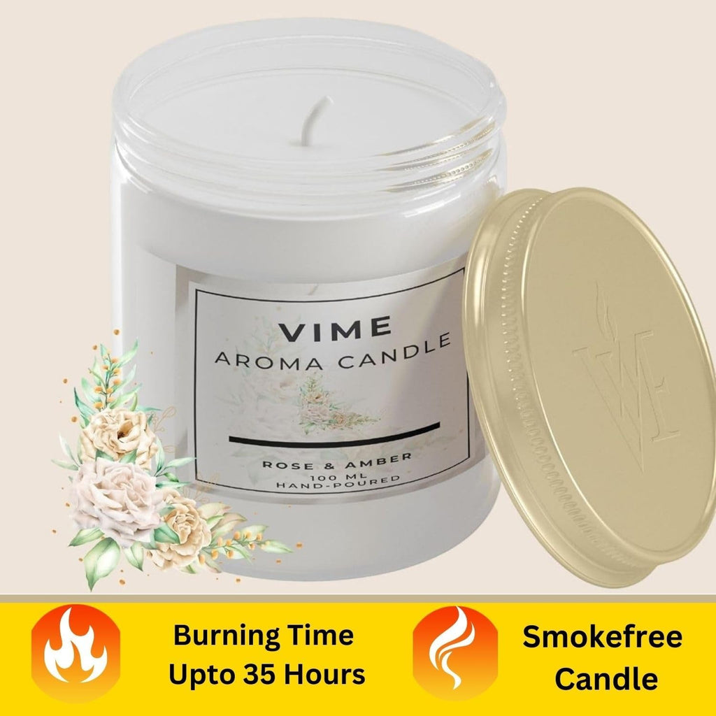 GoHooked ViMe white aroma candle in glass jar with gold lid, Rose & Amber scent, 100ml, 35-hour burn time.