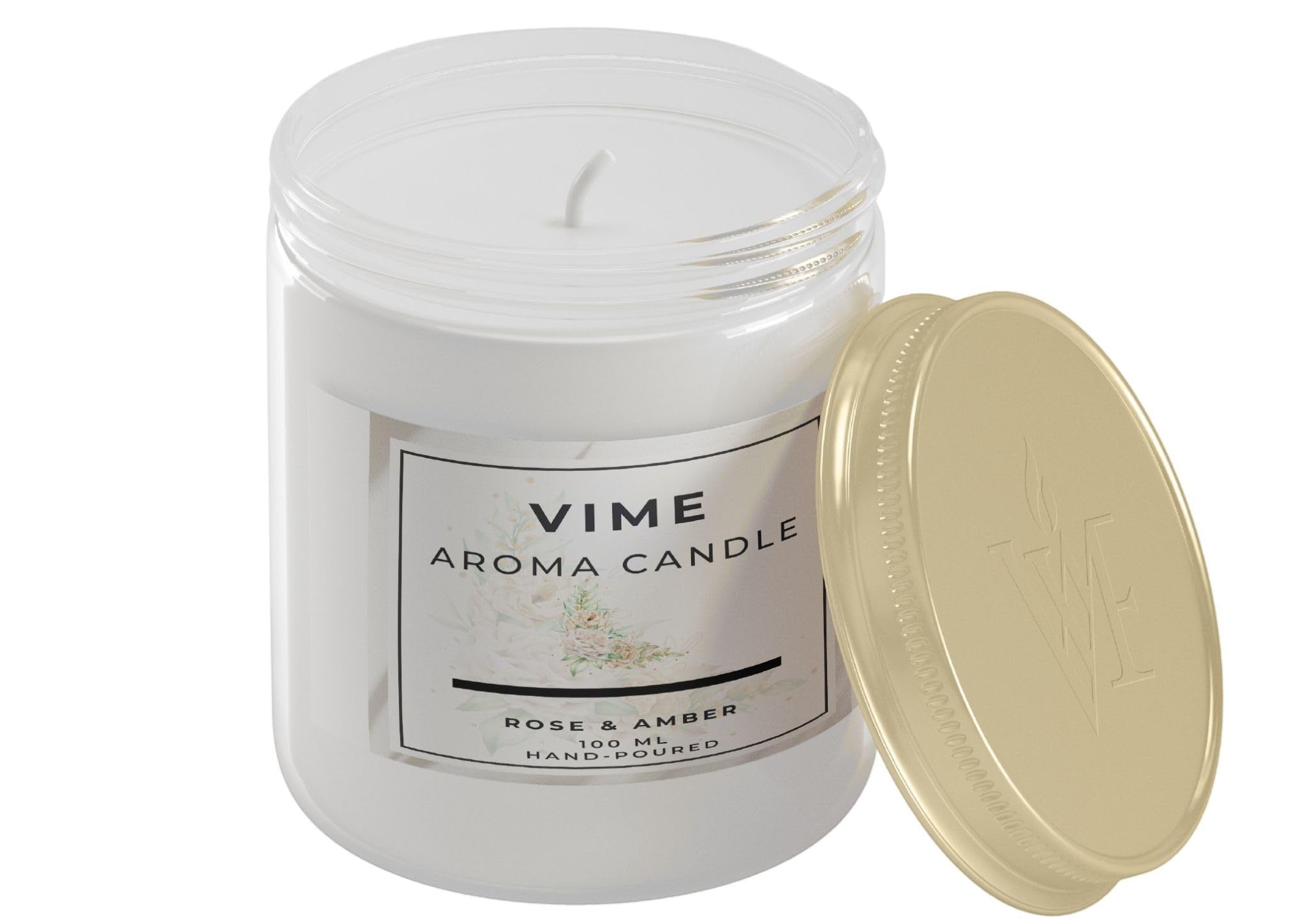 GoHooked ViMe Rose & Amber scented candle in a white glass jar with a gold lid. 100ml, hand-poured, 35-hour burn time.