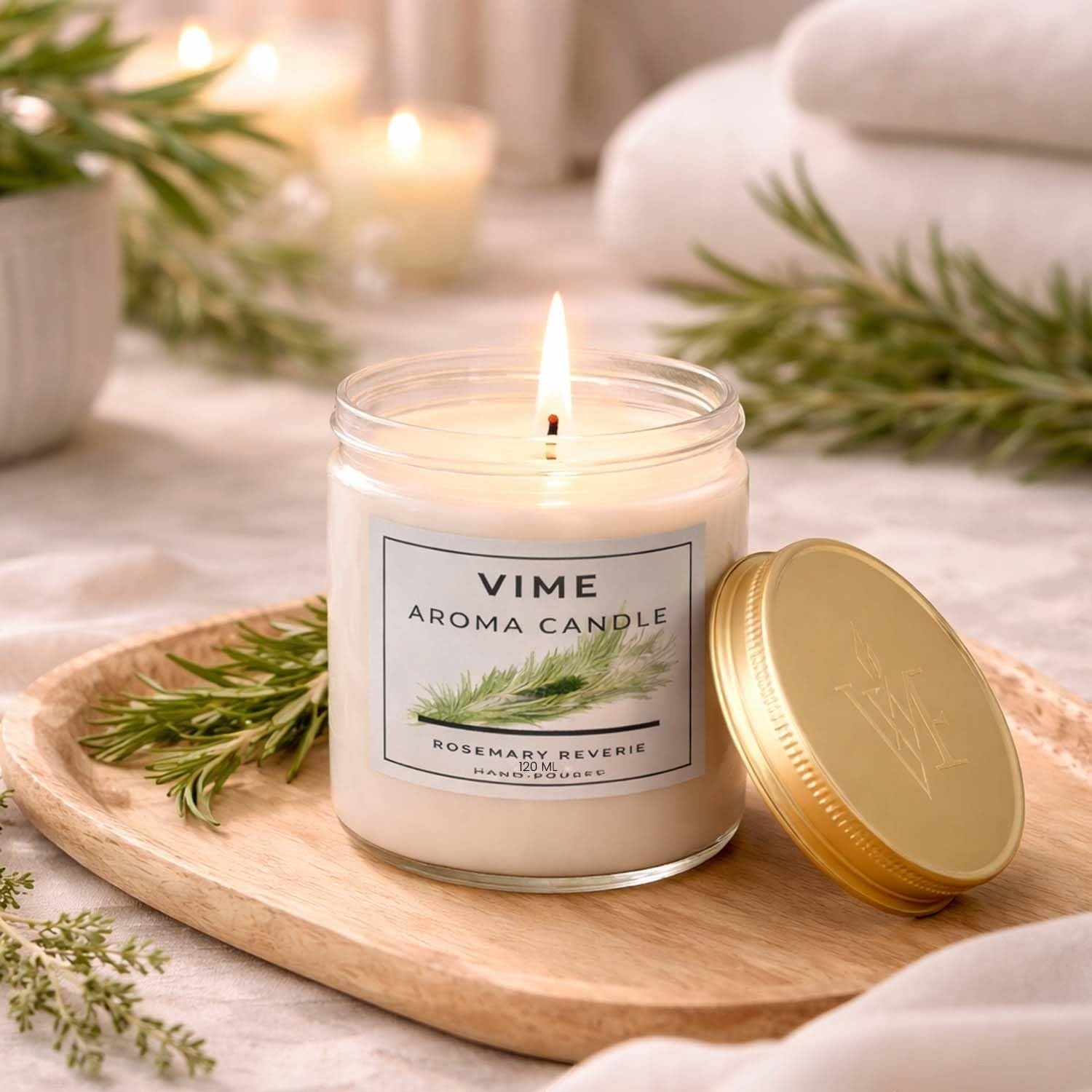 GoHooked ViMe Aroma Candle in Rosemary Reverie scent, white wax in a clear jar with a gold lid, 120ml.