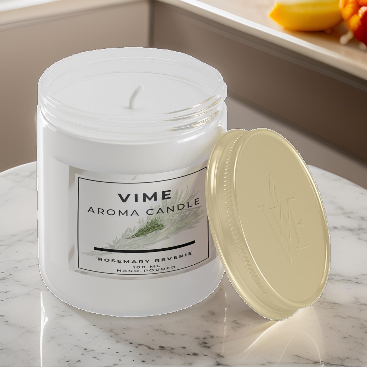 GoHooked ViMe Rosemary Reverie aroma candle in a white jar with a gold lid. Hand-poured, 100ml.