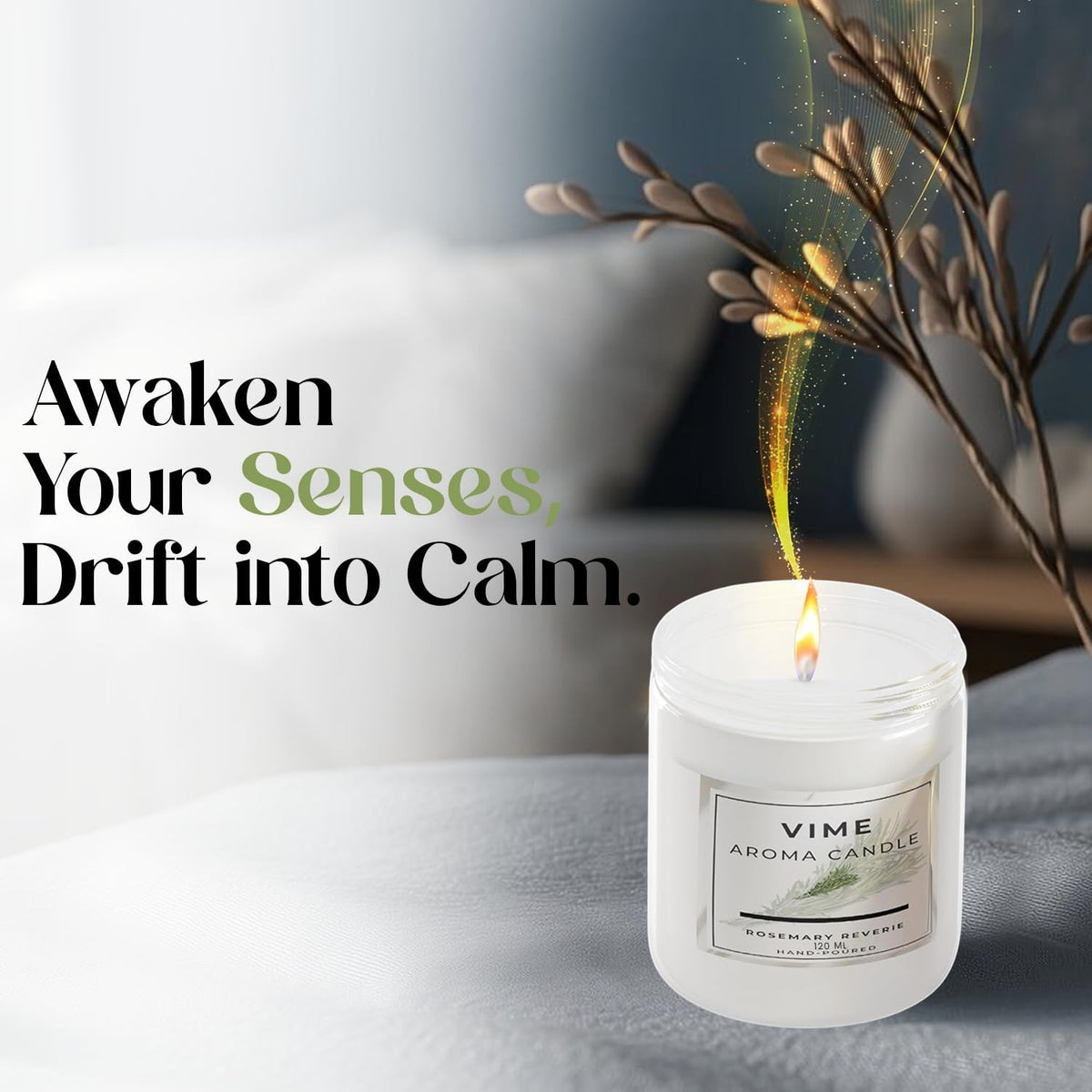 GoHooked ViMe Rosemary Reverie scented candle in a white jar, 120 gm, hand-poured for aromatherapy and home decor.