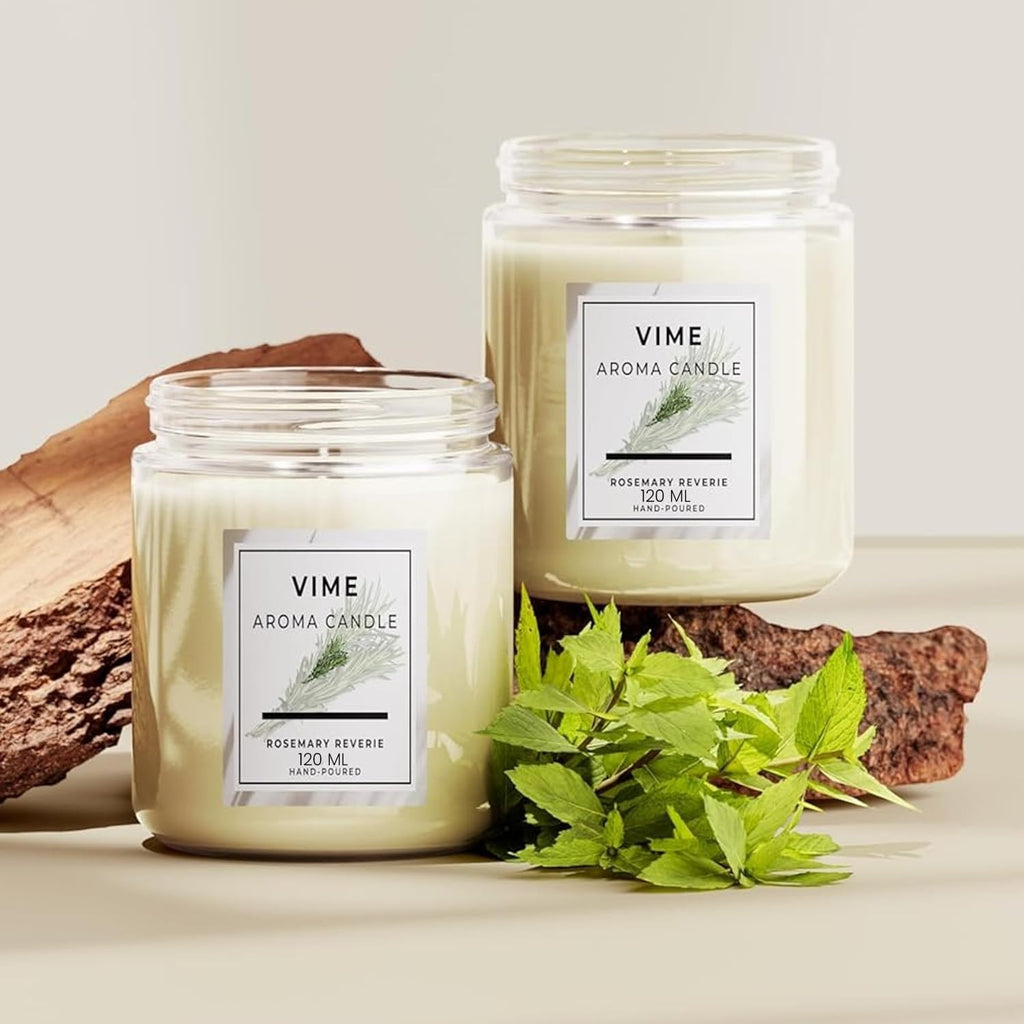 GoHooked ViMe Rosemary Reverie scented aromatherapy candle in a white wax-filled glass jar with a minimalist label.