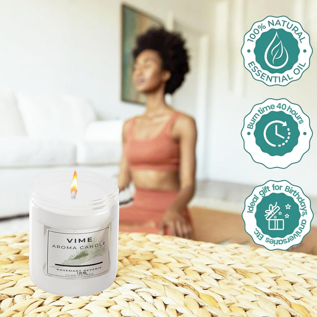 GoHooked ViMe Rosemary Reverie white aroma candle in glass jar, 120ml, 40-hour burn time, natural essential oil.