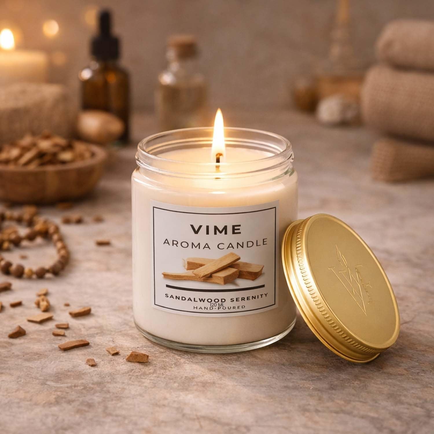 GoHooked ViMe Sandalwood Serenity aroma candle in a glass jar with a gold lid, hand-poured wax.
